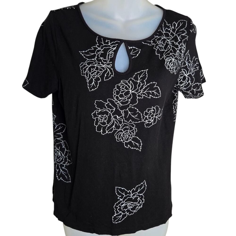 Emma James Womens Floral‎ Top Medium Black White Stretch Cottagecore Whimsygoth